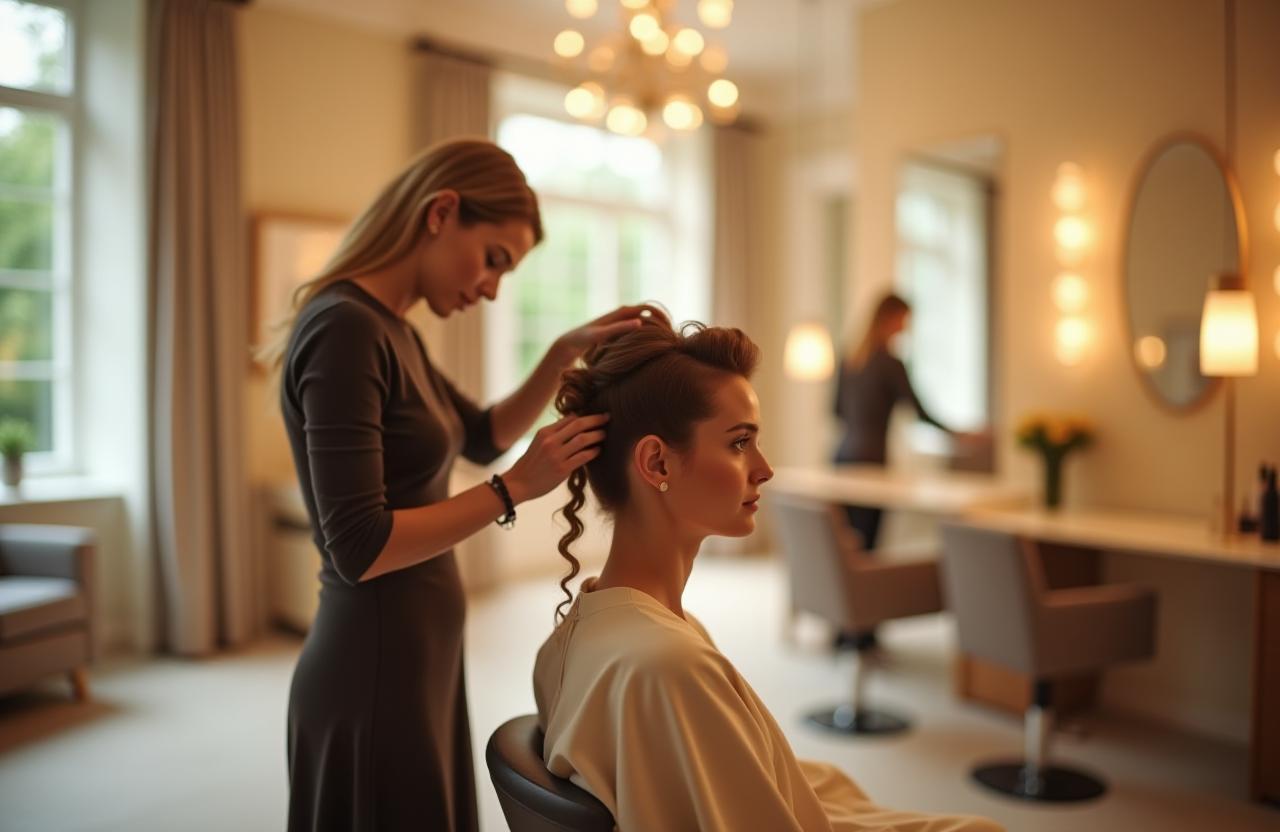Coiffeuse créant une coiffure élégante dans un salon lumineux